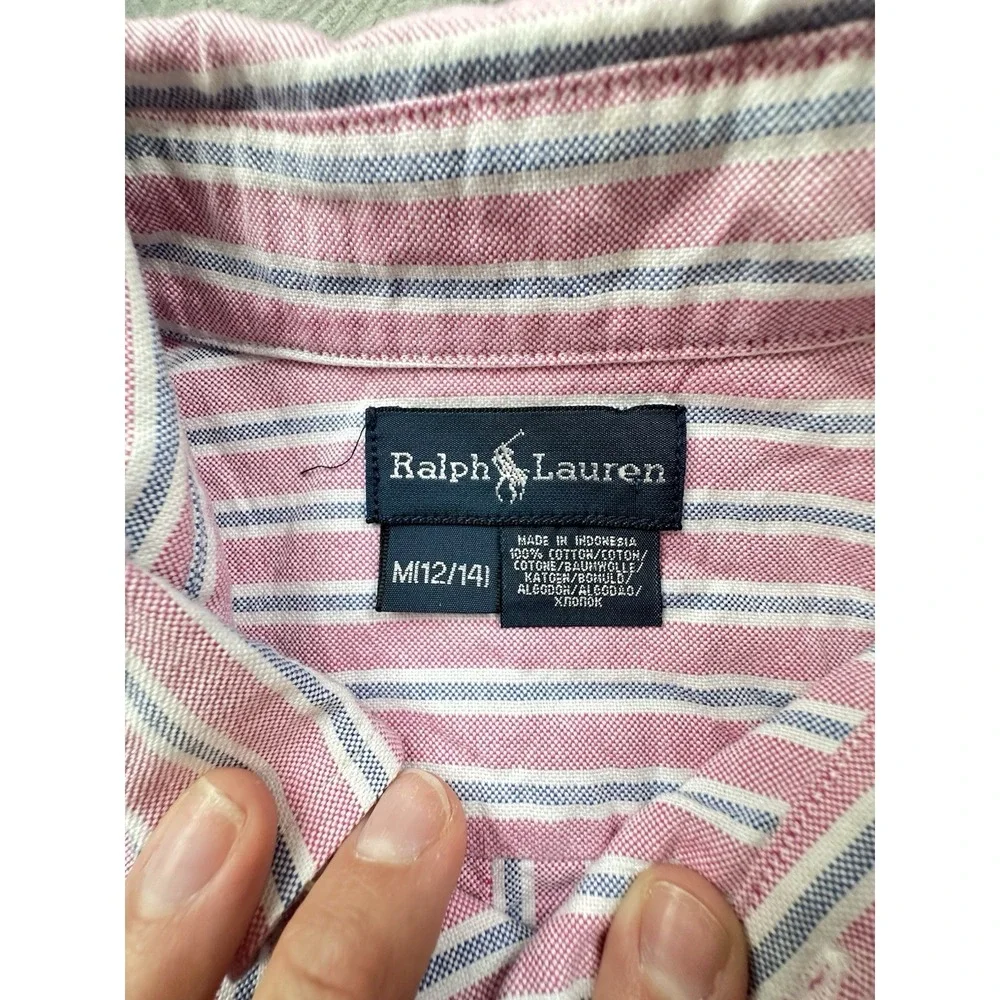 Ralph Lauren Boys Size M 12/14 Pink Blue Striped Oxford Button Down Shirt